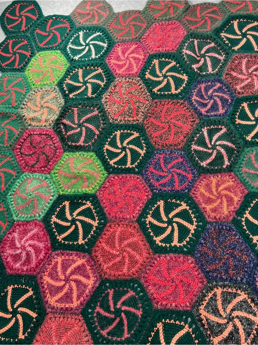 Handmade Multicolor Hexagon Crochet Throw - Green & Pink Accents candy swirl